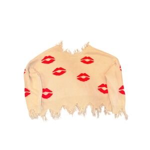 Just Polly New York Lips Distressed V-Neck Sweater Cream Red Large Oversized